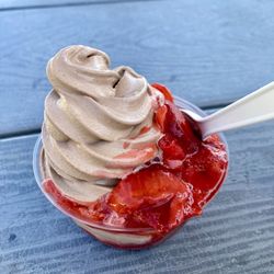 Emma Lea Farms - Small chocolate soft serve with strawberries...yum!
