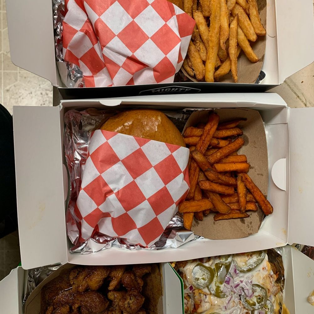 Mighty Chick Sando - Kimchi chicken sando with cheese flake fries, kimchi chicken sando with sweet potato fries, bbq soy garlic bombs and kimchi chicken fries. - Chicken Wings Near Me - Bedford, Texas Mighty Chick Sando - Kimchi chicken sando with cheese flake fries, kimchi chicken sando with sweet potato fries, bbq soy garlic bombs and kimchi chicken fries. - Chicken Wings Near Me - Bedford, Texas