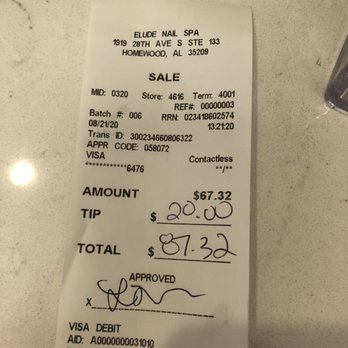 Elude Nail Spa - Receipt - Waxing Near Me - Mountain Brook, Alabama Elude Nail Spa - Receipt - Waxing Near Me - Mountain Brook, Alabama