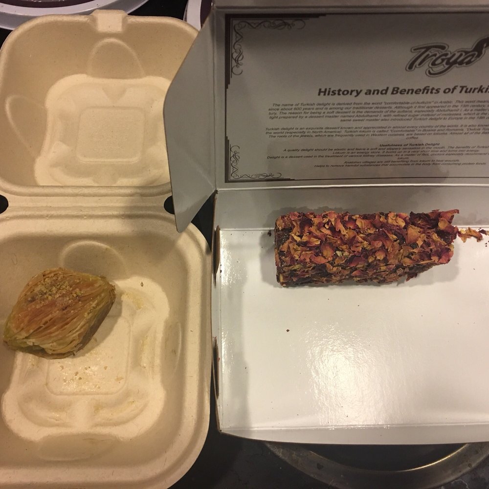 Troya - 2 baklava (I ate one) and I paid $10.60 for both of them. This rose candy is about 6 inches long and cost us $12.66. We ate about 1 inch. - Desserts Near Me - Monterey, California Troya - 2 baklava (I ate one) and I paid $10.60 for both of them. This rose candy is about 6 inches long and cost us $12.66. We ate about 1 inch. - Desserts Near Me - Monterey, California