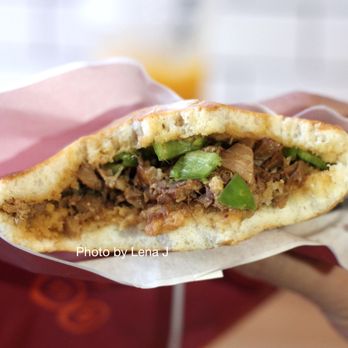Fresh o tea - Inside of Braised Pork Bun 肉夹馍 ($6.95) requested with green peppers - Bubble Tea Near Me - Princeton, New Jersey