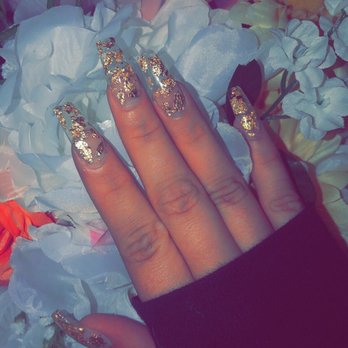 Posh Nails - Clear gold foil nails with acrylics! - Nail Salons Near Me - Ontario, California Posh Nails - Clear gold foil nails with acrylics! - Nail Salons Near Me - Ontario, California