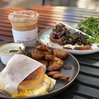 Eggspresso - Breakfast Banger (sloppy & oily) & Cremini Mushroom Toast - Breakfast & Brunch Near Me - Fullerton, California Eggspresso - Breakfast Banger (sloppy & oily) & Cremini Mushroom Toast - Breakfast & Brunch Near Me - Fullerton, California