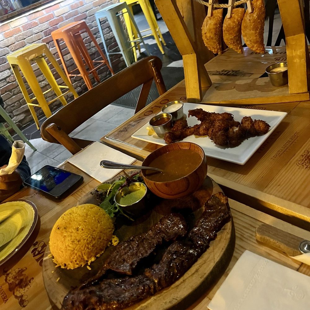 churrasco a la brasa, coconut shrimp, and beef empanadas churrasco a la brasa, coconut shrimp, and beef empanadas