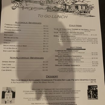 Cabbage Key - This menu picture was taken on May 23, 2020, this is their limited menu for you to order from now. - Seafood Near Me - Pineland, Florida Cabbage Key - This menu picture was taken on May 23, 2020, this is their limited menu for you to order from now. - Seafood Near Me - Pineland, Florida