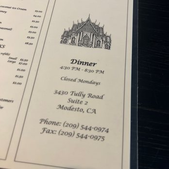 Thai House - Thai House restaurant menu in Modesto, CA, displaying dinner hours from 4:30 PM to 8:30 PM, address, and contact details. - Thai Near Me - Modesto, California