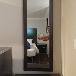 This mirror is really crooked. The contractor should have just moved this over to the left by like 4-5". This mirror is really crooked. The contractor should have just moved this over to the left by like 4-5".