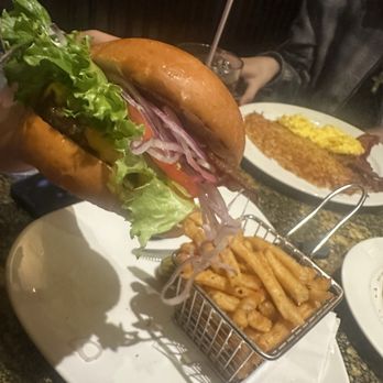 Thunder Cafe - 1/2lb bacon cheeseburger + all American breakfast in the background. - Cafes Near Me - Lincoln, California