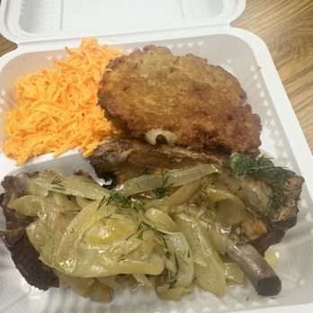 European Hot Bite Delicatessen - Ribs with potato pancake and carrot salad - Food Court Near Me - Fairfield, New Jersey