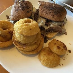 Special of the day, French dip and stacked onion rings Special of the day, French dip and stacked onion rings
