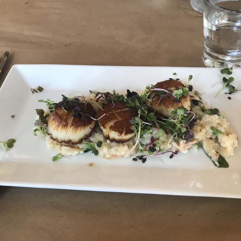 Cowfish - Jumbo Diver Scallops: pan-seared scallops, maple risotto, brown sage butter, beets, spiced nut medley - New American Near Me - Hampton Bays, New York Cowfish - Jumbo Diver Scallops: pan-seared scallops, maple risotto, brown sage butter, beets, spiced nut medley - New American Near Me - Hampton Bays, New York