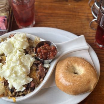 Stacks - Skillet bacon & onions & hot link & mushrooms, egg white scrambled with side bagel - Breakfast & Brunch Near Me - Burlingame, California Stacks - Skillet bacon & onions & hot link & mushrooms, egg white scrambled with side bagel - Breakfast & Brunch Near Me - Burlingame, California