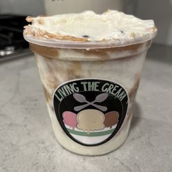 Living The Cream - New Mom - salted vanilla base with gobs of pb, brownie chunks, and chocolate covered espresso beans. A MUST!