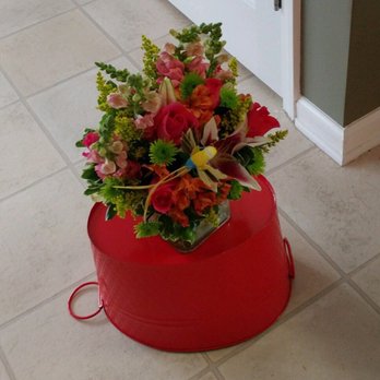 Le Fleur - These flowers I sent to my godmother. (I think she just set them on the red bucket for the pic) Ordered & delivered w/in 2 hrs on a Sat morn - Florists Near Me - Pelham, Alabama