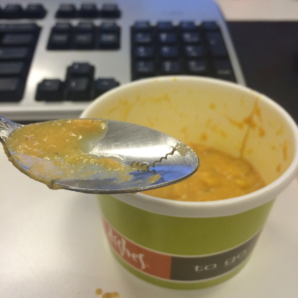 as if choosing the cream-based soup wasn't bad enough for my health, I find this metal spiral in my pumpkin bisque! thanks, dishes!