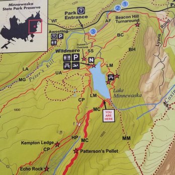 Minnewaska State Park Preserve - The map of the trail - LM, MC, GN and the back on MC, LM to Parking - Hiking Near Me - Kerhonkson, New York Minnewaska State Park Preserve - The map of the trail - LM, MC, GN and the back on MC, LM to Parking - Hiking Near Me - Kerhonkson, New York