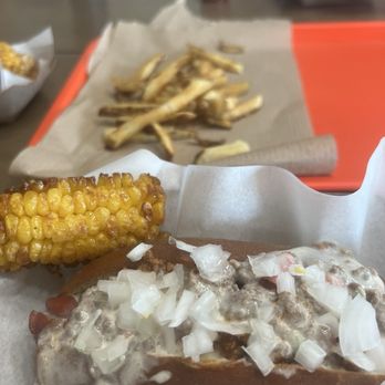 Local Dogs - Build your own dog w/queso, chili and onions, a small portion of the fries and one piece of the fried corn. - Hot Dogs Near Me - Galveston, Texas Local Dogs - Build your own dog w/queso, chili and onions, a small portion of the fries and one piece of the fried corn. - Hot Dogs Near Me - Galveston, Texas