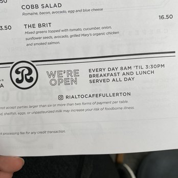 Rialto Cafe - A menu that clearly doesn't have any of the items and wrong timing. - Breakfast & Brunch Near Me - Fullerton, California