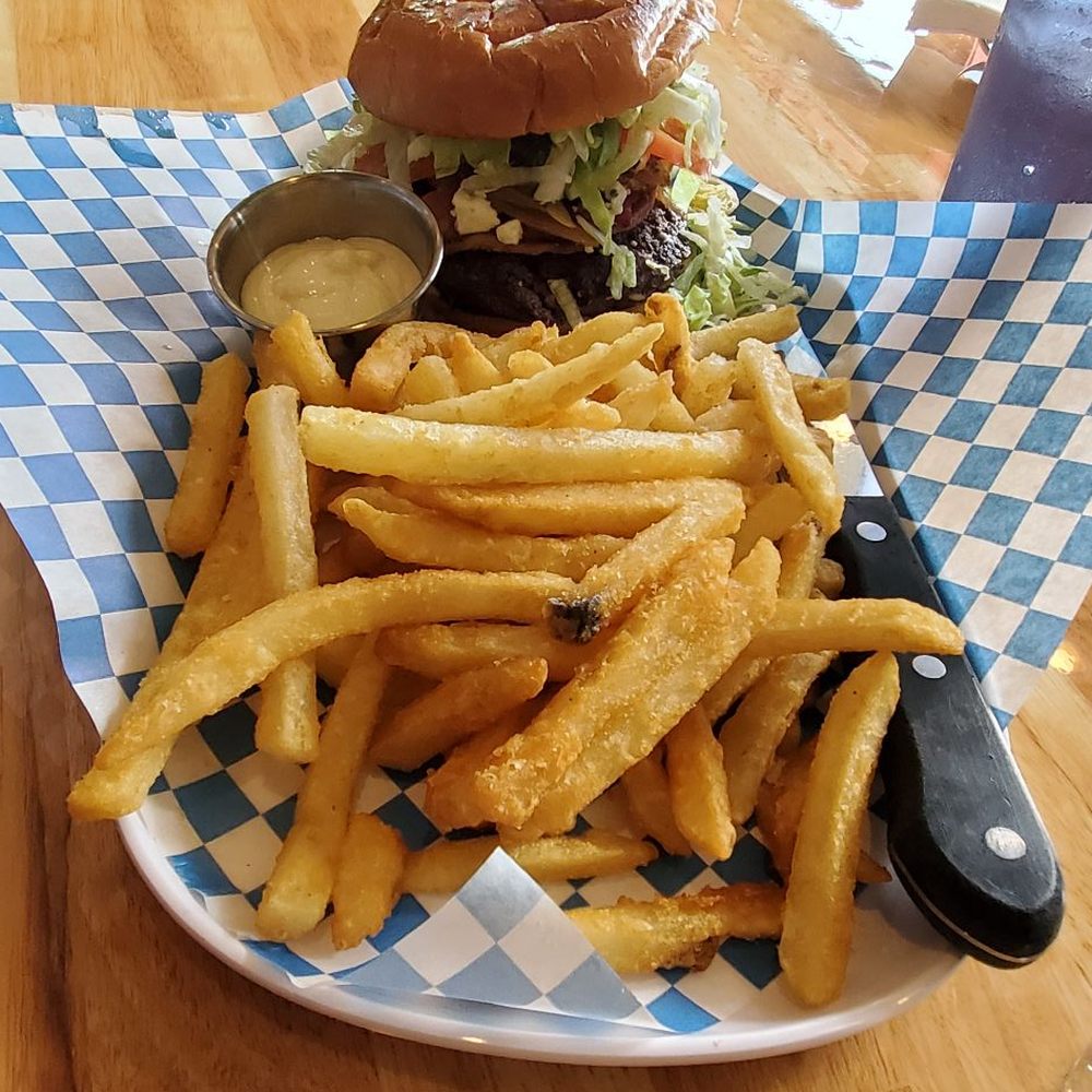 Eagles Nest - Fries and a smoked brisket burger with bleu cheese. - Barbeque Near Me - Ferndale, Washington Eagles Nest - Fries and a smoked brisket burger with bleu cheese. - Barbeque Near Me - Ferndale, Washington