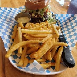 Fries and a smoked brisket burger with bleu cheese.