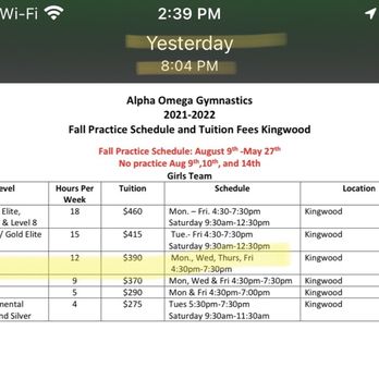 Alpha Omega Gymnastics & Dance - this is on their website as of 4/28/2022 - Gymnastics Near Me - Kingwood, Texas