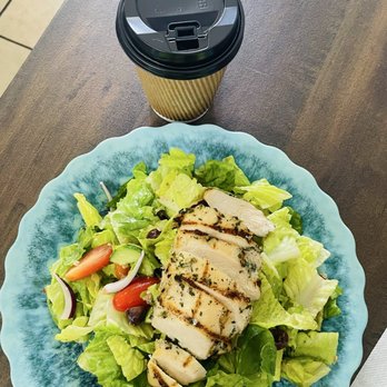 Koffee Time - Good sized Greek lunch salad topped with chicken breast meat and hot tea. - Coffee & Tea Near Me - Pleasanton, California Koffee Time - Good sized Greek lunch salad topped with chicken breast meat and hot tea. - Coffee & Tea Near Me - Pleasanton, California