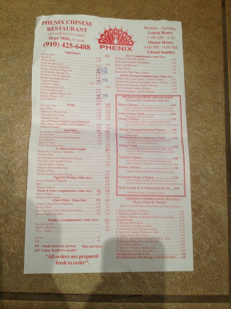 PHENIX CHINESE RESTAURANT 12 Reviews 3467 N Main St, Hope Mills
