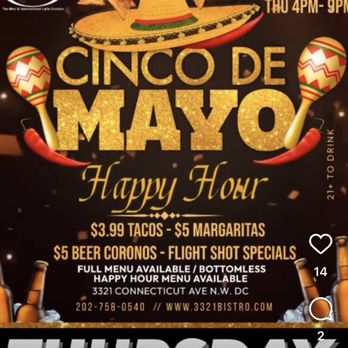 3321 Bistro - Cinco de Mayo flyer advertising bottomless happy hour until 9pm - Tex-Mex Near Me - Washington, DC, District of Columbia
