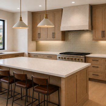 Rodya Construction - Warm modern kitchen remodel with natural wood cabinets, clean stone surfaces, and bright functional design. #KitchenRemodel #RODYA - Flooring Near Me Rodya Construction - Warm modern kitchen remodel with natural wood cabinets, clean stone surfaces, and bright functional design. #KitchenRemodel #RODYA - Flooring Near Me