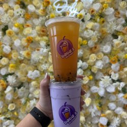 Boba and Beyond - Mango Passion Fruit Tea with mango passion fruit seeds & Ube Taro with Tapioca