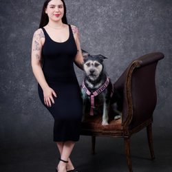 Bokeh Creatives - Dog sitting on chair and woman on arm of chair