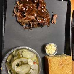 Smallwood's Harvest - Beef brisket (so tender) and pickles (yum)! Cornbread and butter; cornbread a lil dry but still yummy. (1 meat option meal)