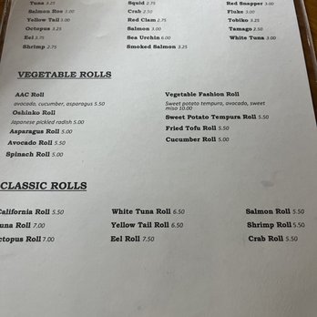 Joa Joa Sushi - Menu - The menu features sushi options, vegetable rolls, and classic rolls with prices, including tuna, salmon, eel, and shrimp. - Sushi Bars Near Me - Vails Gate, New York
