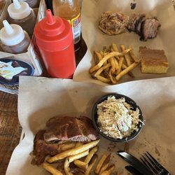 Mission BBQ - bbq pork, brisket, 1 rib, 2 sides- cole slaw and fries