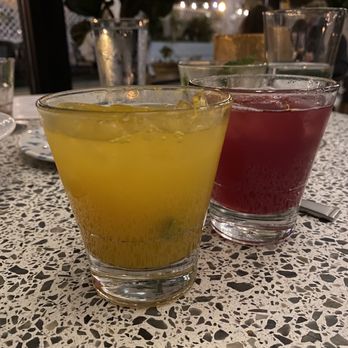 The Foxtail - Yellow drink: Ginny from the block. Red drink: Blue suede shoes. Both super delicious!! - Breakfast & Brunch Near Me - Downers Grove, Illinois