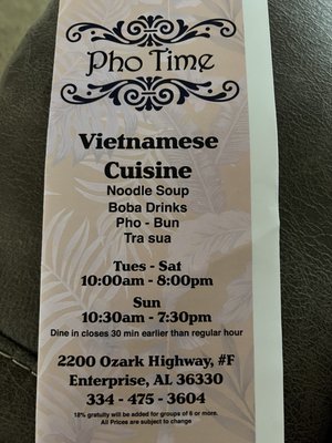 Menu photo 1 Pho Time Enterprise, AL Menu photo 1 Pho Time Enterprise, AL