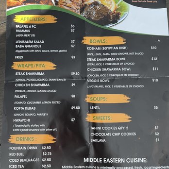 Yalla Middle Eastern Cuisine - main menu - Menu from Yalla Middle Eastern Cuisine listing appetizers, wraps, bowls, soups, and sweets, with prices and ingredients. - Middle Eastern Near Me - Mokena, Illinois
