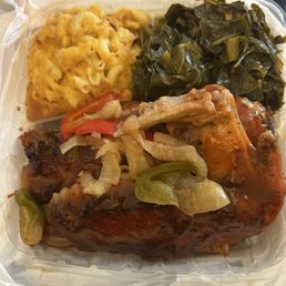 BBQ turkey wings, four cheese Mac n cheese and collard greens