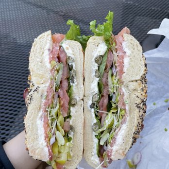 The Posh Bagel - Sliced Lox & Cream Cheese Sandwich on an Everything Bagel w/ Lite Cream Cheese - Bagels Near Me - Davis, California