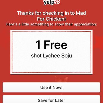Mad For Chicken Flushing - 1 free shot of lychee soju yelp check-in offer - Korean Near Me - Flushing, New York Mad For Chicken Flushing - 1 free shot of lychee soju yelp check-in offer - Korean Near Me - Flushing, New York