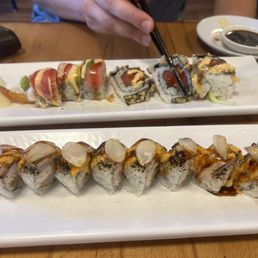 Transylvania (front) crunchy spicy tuna roll (back right), and red dragon (back left)