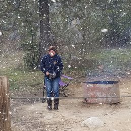 Snow flurries, fire, drinks in our hand.