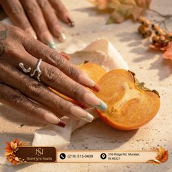 Sonny's Nails - Autumn earth French! Almond extensions showcase rich terracotta, sage green, deep wine, and gold glitter smile tips with chrome rims. Boo