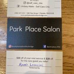Park Place - A package with shampoo & conditioner samples and these 3 business cards- 1 with promotional benefits given to all customers! Great place!