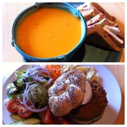 Blue Angel - Red pepper, sweet potato & coconut soup and Spicy Bean Burger