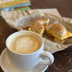 The Loading Dock - Caramel latte & bagel sandwich