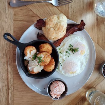 Magnolia Table - House Made Tater Tots Thick-Cut Peppered Bacon Farm Breakfast - Breakfast & Brunch Near Me - Waco, Texas