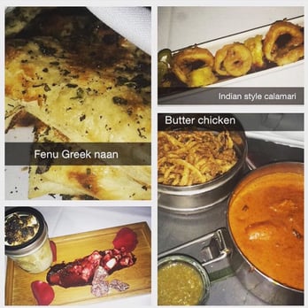 Vermilion - Fenu flatbread, Indian style calamari, butter chicken, strawberry dessert not worth mentioning. - Indian Near Me - Chicago, Illinois