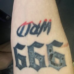 Broken Lantern Tattoo - 2nd tat, asked for shading from black to red on WRLD halfway, he highlighted the tips with a very bright red, instant color switch.