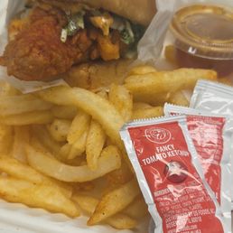 Chicken sandwich spicy with spicy honey on the side
